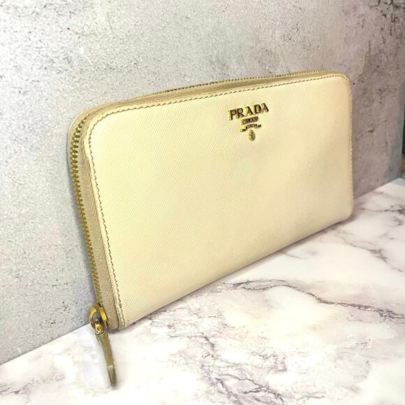 Prada Saffiano Cream Leather Zip Wallet Gold Hardware with Authenticity Card - Picture 4 of 12